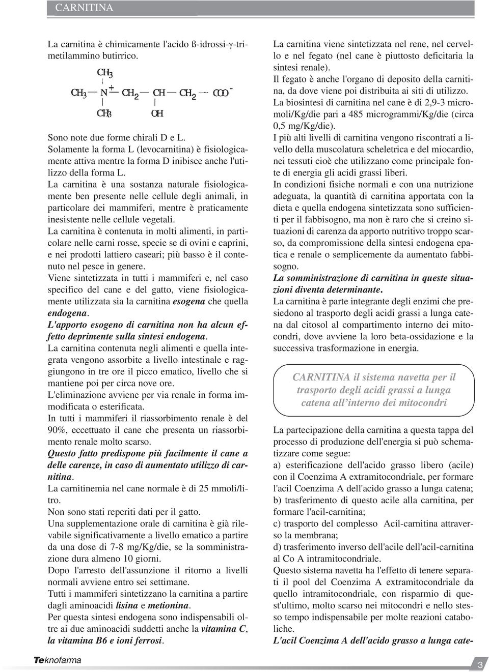 La carnitina è una sostanza naturale fisiologicamente ben presente nelle cellule degli animali, in particolare dei mammiferi, mentre è praticamente inesistente nelle cellule vegetali.