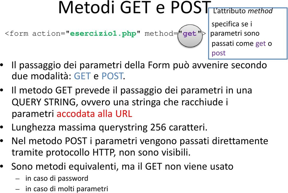 Il metodo GET prevede il passaggio dei parametri in una QUERY STRING, ovvero una stringa che racchiude i parametri accodata alla URL Lunghezza