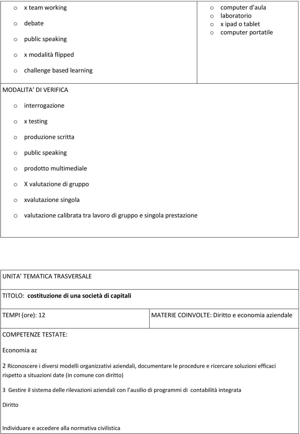 costituzione di una società di capitali TEMPI (ore): 12 MATERIE COINVOLTE: Diritto e economia aziendale COMPETENZE TESTATE: Economia az 2 Riconoscere i diversi modelli organizzativi aziendali,