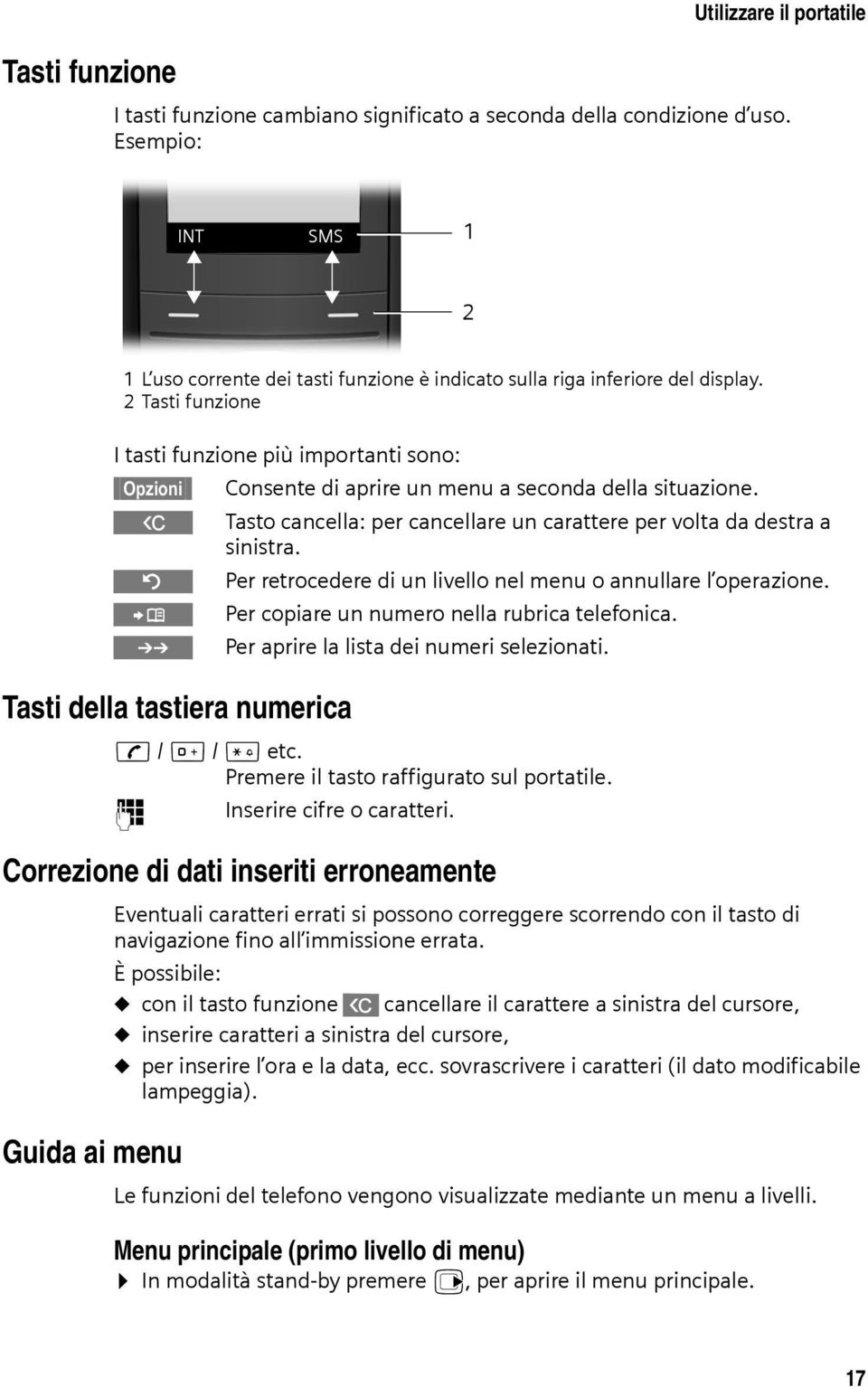 2 Tasti funzione I tasti funzione più importanti sono: Opzioni Consente di aprire un menu a seconda della situazione. W Tasto cancella: per cancellare un carattere per volta da destra a sinistra.