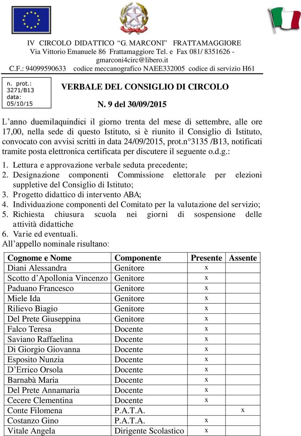 9 del 30/09/2015 L anno duemilaquindici il giorno trenta del mese di settembre, alle ore 17,00, nella sede di questo Istituto, si è riunito il Consiglio di Istituto, convocato con avvisi scritti in