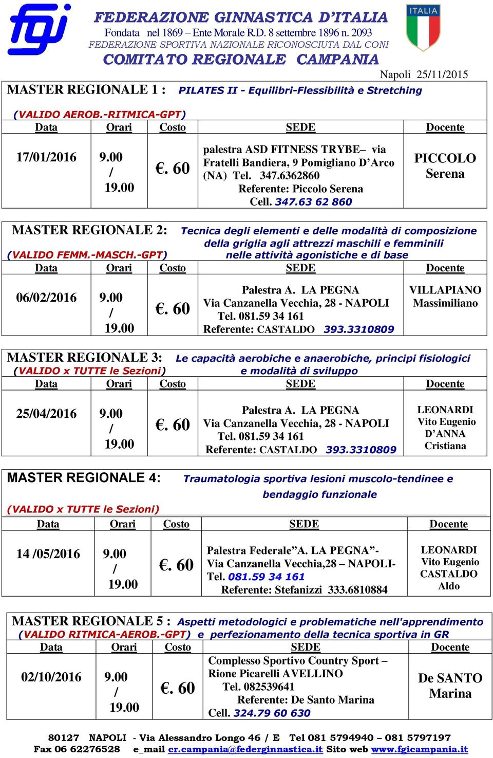 6362860 Referente: Piccolo Serena Cell. 347.63 62 860 PICCOLO Serena MASTER REGIONALE 2: Tecnica degli elementi e delle modalità di composizione (VALIDO FEMM.-MASCH.