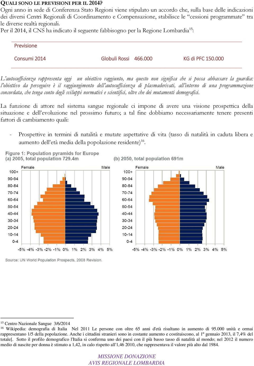 programmate tra le diverse realtà regionali. Per il 2014, il CNS ha indicato il seguente fabbisogno per la Regione Lombardia 15 : Previsione Consumi 2014 Globuli Rossi 466.000 KG di PFC 150.