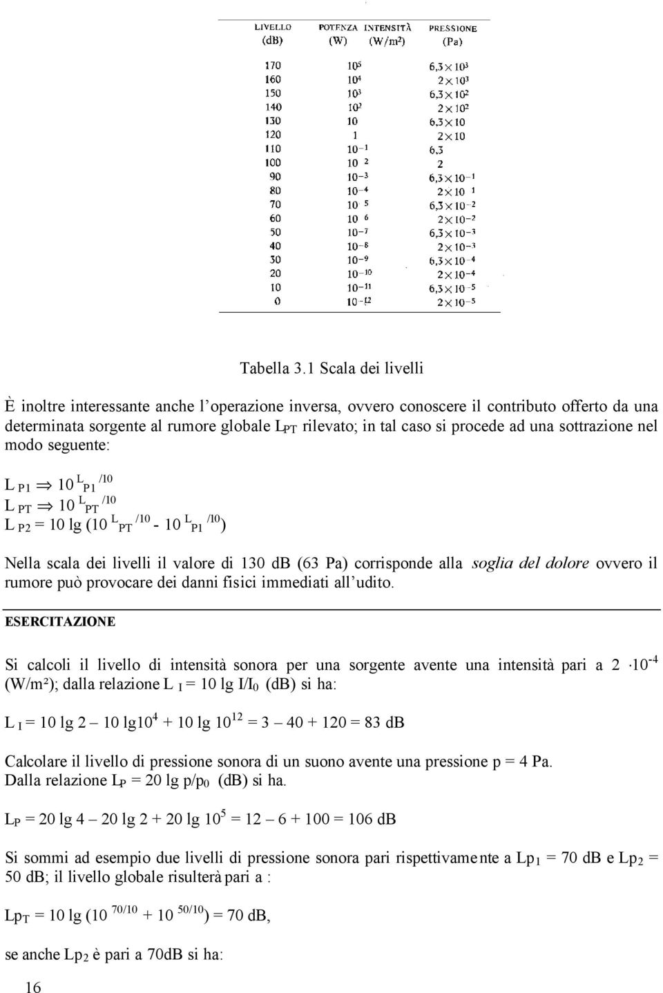 una sottrazione nel modo seguente: L P1 10 L P1 /10 L PT 10 L PT /10 L P2 = 10 lg (10 L PT /10-10 L P1 /10 ) Nella scala dei livelli il valore di 130 db (63 Pa) corrisponde alla soglia del dolore