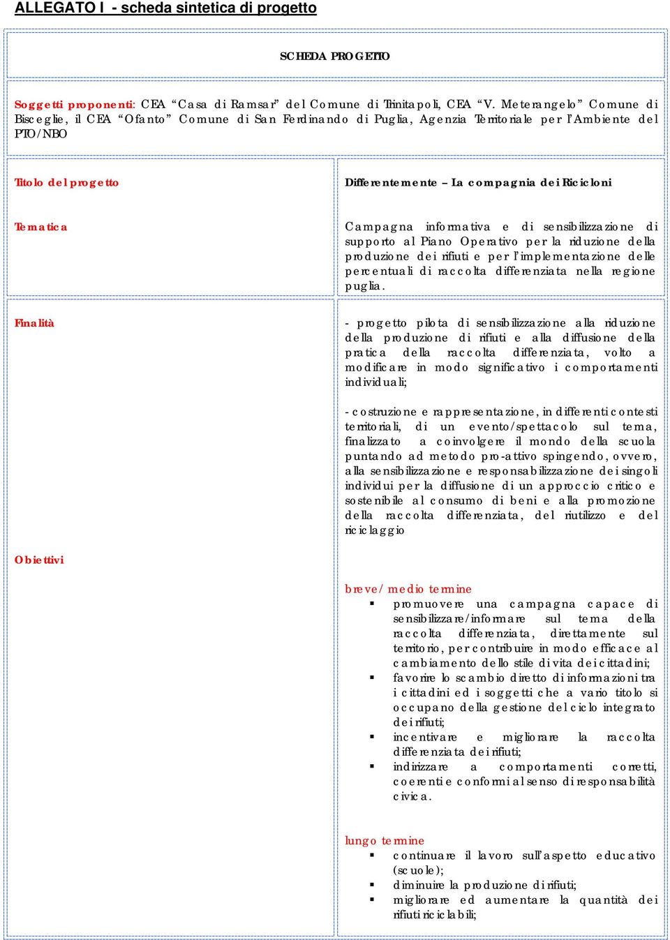 Tematica Campagna informativa e di sensibilizzazione di supporto al Piano Operativo per la riduzione della produzione dei rifiuti e per l implementazione delle percentuali di raccolta differenziata