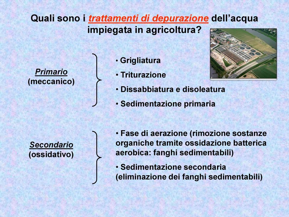 primaria Secondario (ossidativo) Fase di aerazione (rimozione sostanze organiche tramite