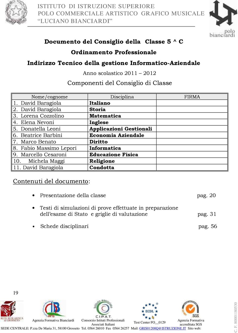 Elena Nevoni Inglese 5. Donatella Leoni Applicazioni Gestionali 6. Beatrice Barbini Economia Aziendale 7. Marco Benato Diritto 8. Fabio Massimo Lepori Informatica 9.