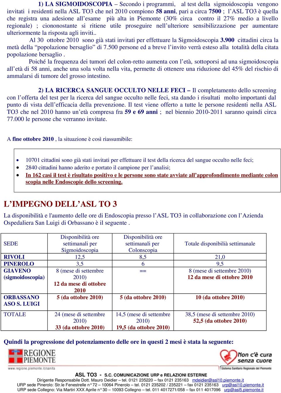 ulteriormente la risposta agli inviti.. Al 30 ottobre 2010 sono già stati invitati per effettuare la Sigmoidoscopia 3.900 cittadini circa la metà della popolazione bersaglio di 7.