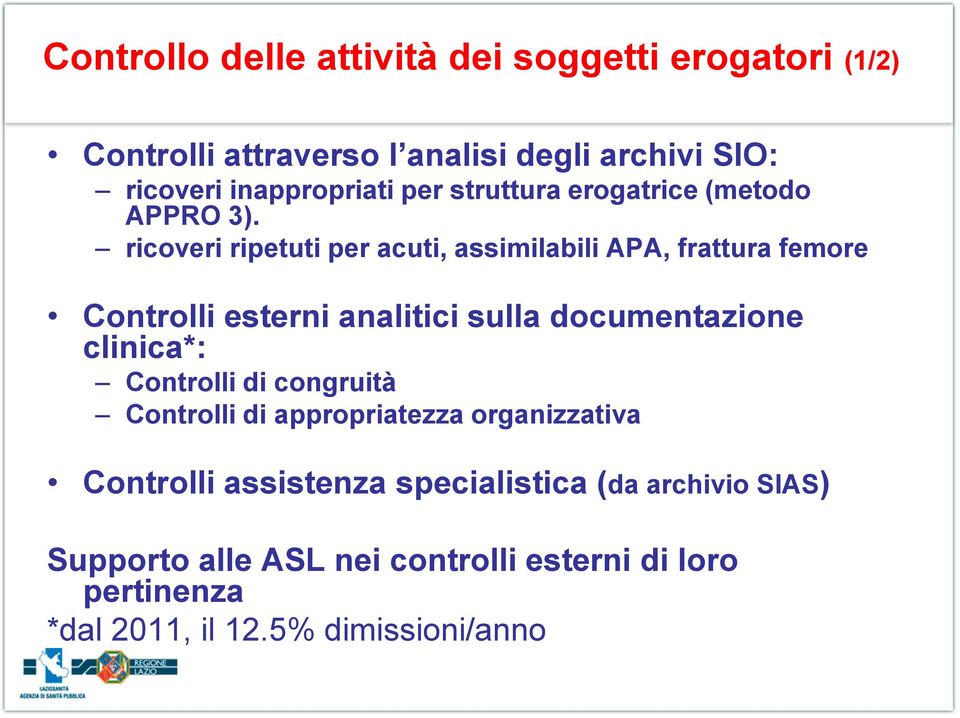 ricoveri ripetuti per acuti, assimilabili APA, frattura femore Controlli esterni analitici sulla documentazione clinica*: