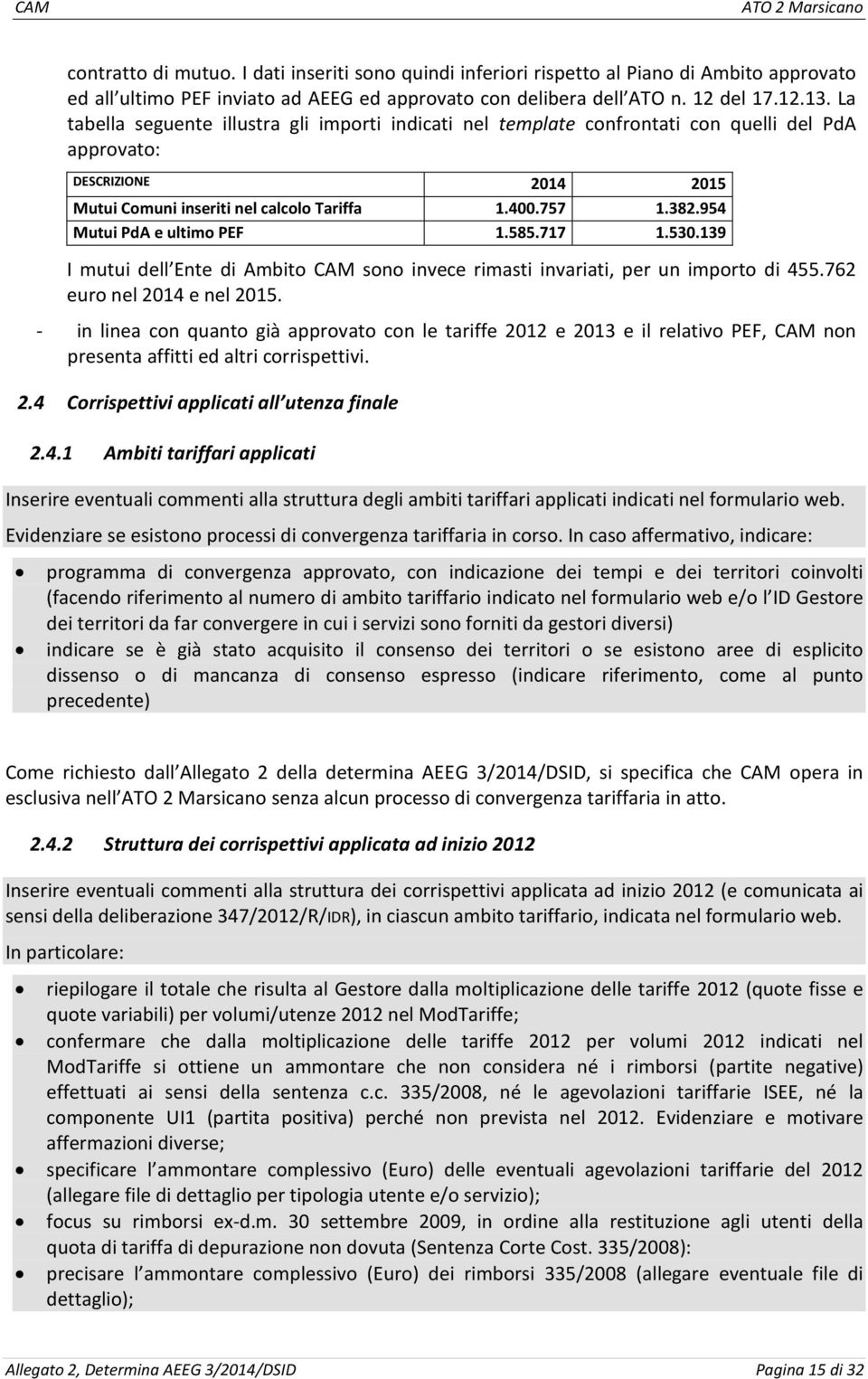 954 Mutui PdA e ultimo PEF 1.585.717 1.530.139 I mutui dell Ente di Ambito CAM sono invece rimasti invariati, per un importo di 455.762 euro nel 2014 e nel 2015.