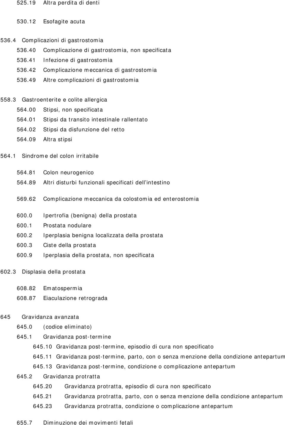 01 Stipsi da transito intestinale rallentato 564.02 Stipsi da disfunzione del retto 564.09 Altra stipsi 564.1 Sindrome del colon irritabile 564.81 Colon neurogenico 564.