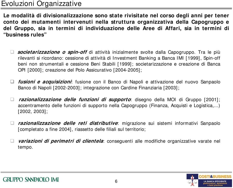 Tra le più rilevanti si ricordano: cessione attività Investment Banking a Banca IMI [1999], Spin-off beni non strumentali e cessione Beni Stabili [1999]; societarizzazione e creazione Banca OPI