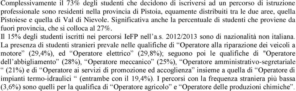 La presenza di studenti stranieri prevale nelle qualifiche di Operatore alla riparazione dei veicoli a motore (29,4%), ed Operatore elettrico (29,8%); seguono poi le qualifiche di "Operatore dell