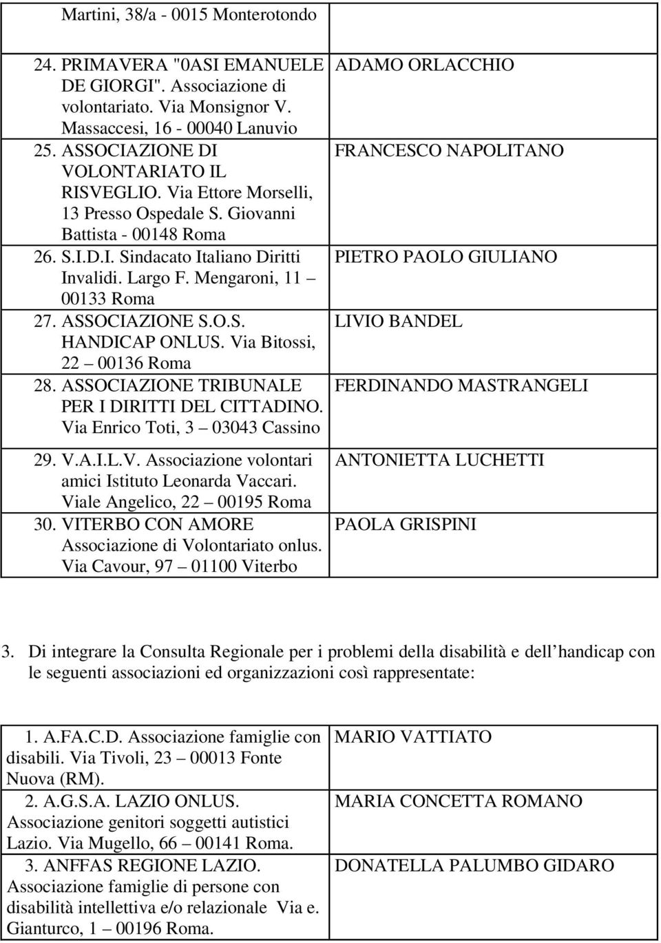 Via Bitossi, 22 00136 Roma 28. ASSOCIAZIONE TRIBUNALE PER I DIRITTI DEL CITTADINO. Via Enrico Toti, 3 03043 Cassino 29. V.A.I.L.V. Associazione volontari amici Istituto Leonarda Vaccari.