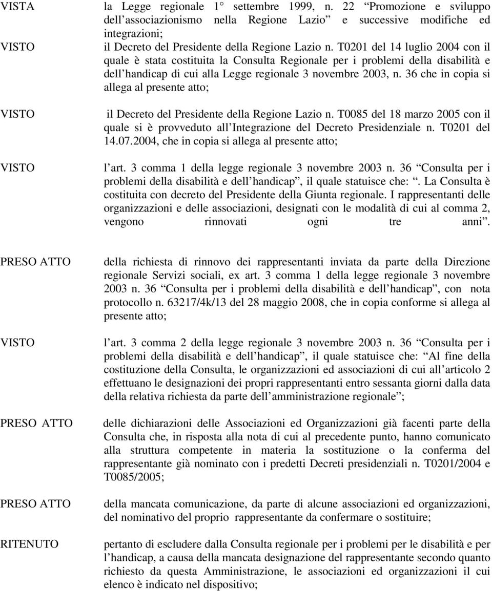 T0201 del 14 luglio 2004 con il quale è stata costituita la Consulta Regionale per i problemi della disabilità e dell handicap di cui alla Legge regionale 3 novembre 2003, n.