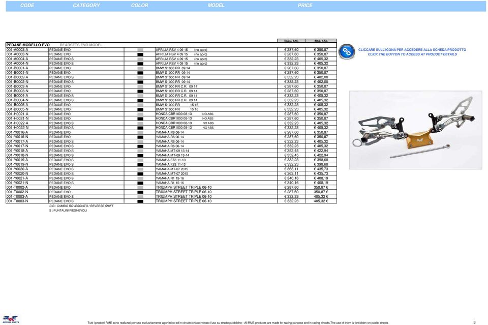 PEDANE EVO S APRILIA RSV 4 09 15 (no aprc) 332,23 405,32 001-B0001-A PEDANE EVO BMW S1000 RR 09 14 287,60 350,87 001-B0001-N PEDANE EVO BMW S1000 RR 09 14 287,60 350,87 001-B0002-A PEDANE EVO S BMW