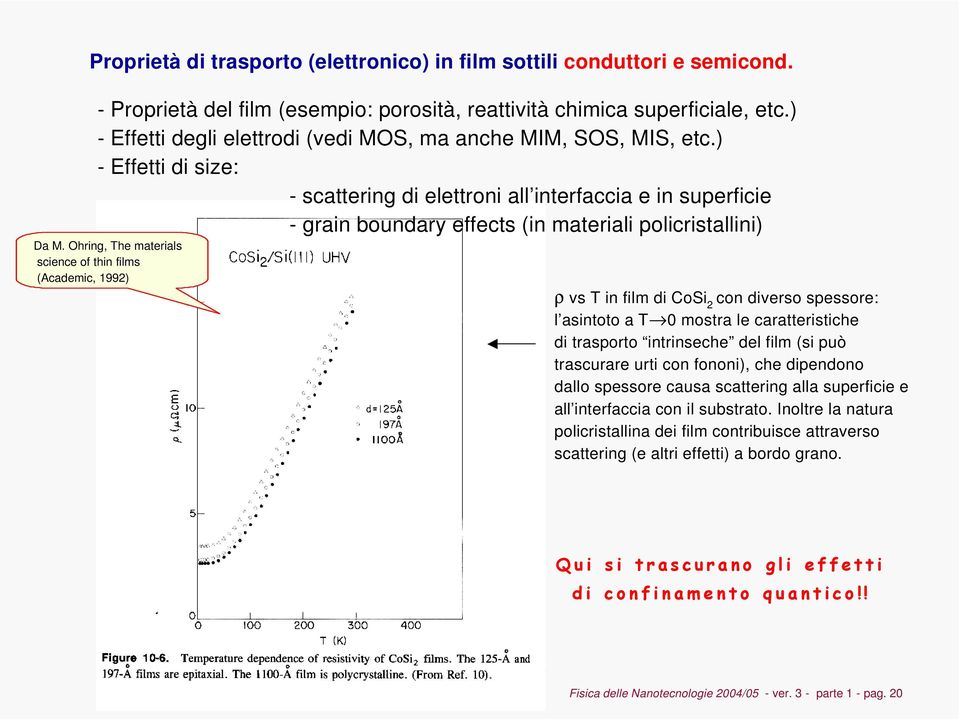 ) - Effetti di size: - scattering di elettroni all interfaccia e in superficie - grain boundary effects (in materiali policristallini) Da M.