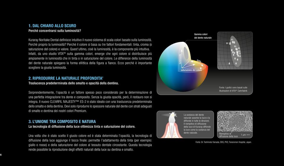 Infatti, da uno studio VITA TM sulla gamma colori, emerge che ogni colore si distribuisce più ampiamente in luminosità che in tinta o in saturazione del colore.