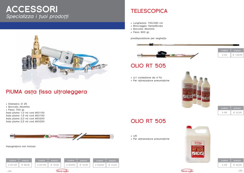 Per attrezzature pneumatiche PIUMA asta fissa ultraleggera Diametro: Ø 25 Boccola: Alluminio Peso: 700 gr.