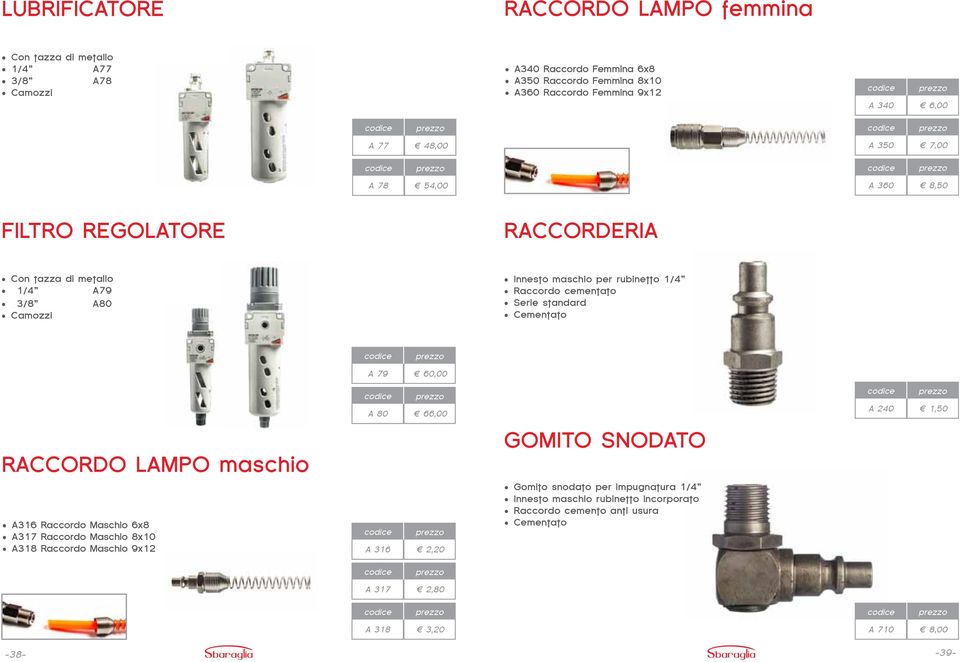 cementato Serie standard Cementato A 79 60,00 A 80 66,00 A 240 1,50 RACCORDO LAMPO maschio GOMITO SNODATO A316 Raccordo Maschio 6x8 A317 Raccordo Maschio 8x10 A318