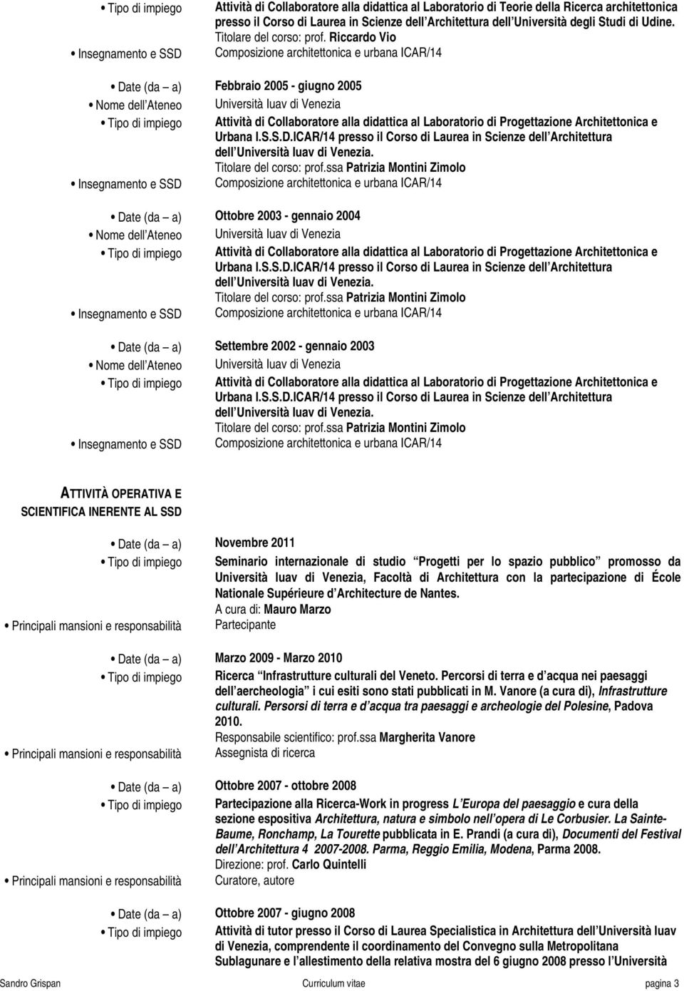 Riccardo Vio Composizione architettonica e urbana ICAR/14 Date (da a) Febbraio 2005 - giugno 2005 Date (da a) Ottobre 2003 - gennaio 2004 Date (da a) Settembre 2002 - gennaio 2003 ATTIVITÀ OPERATIVA