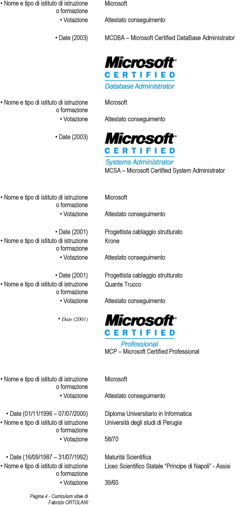 Professional Date (01/11/1996 07/07/2000) Diploma Universitario in Informatica Università degli studi di Perugia 58/70 Date