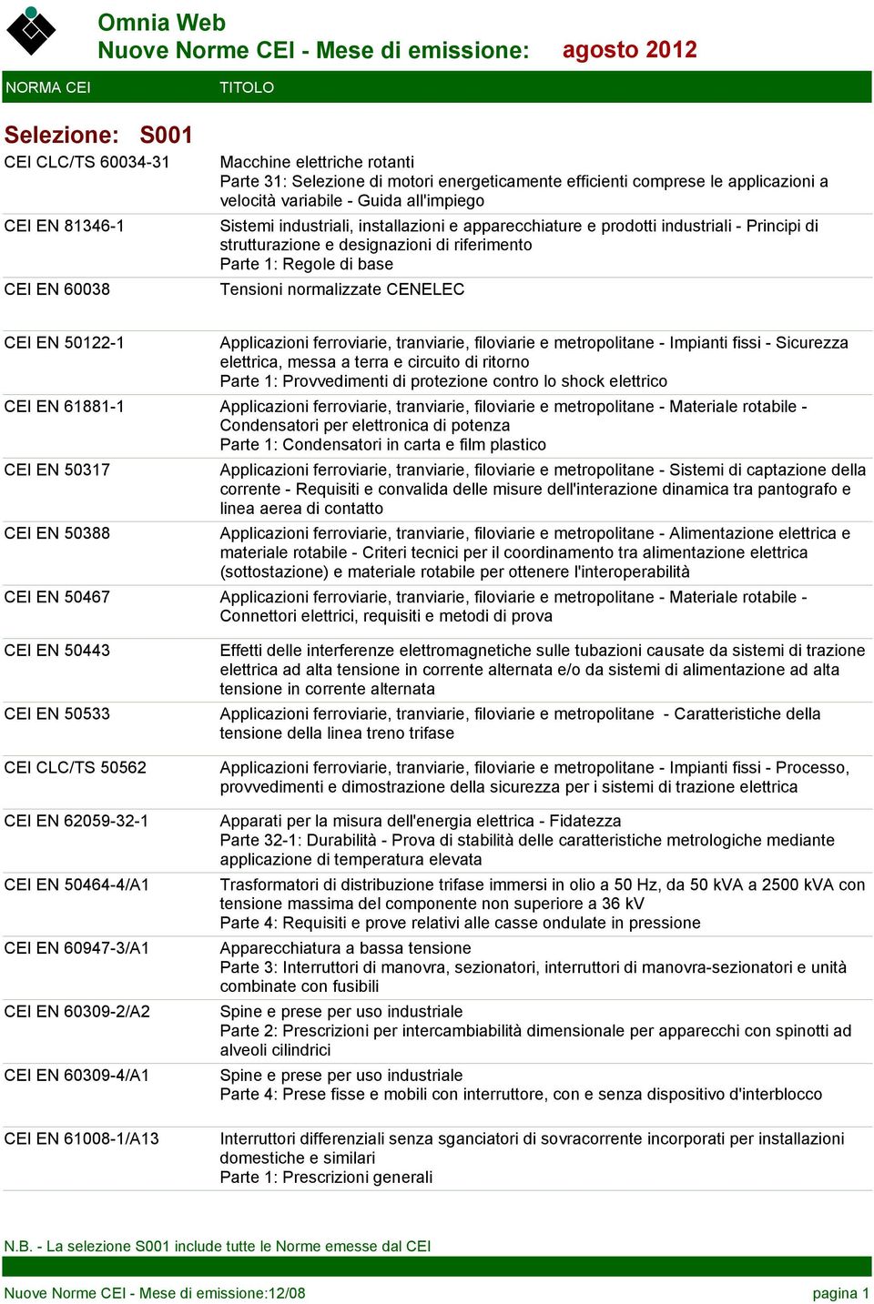 CENELEC CEI EN 50122-1 Applicazioni ferroviarie, tranviarie, filoviarie e metropolitane - Impianti fissi - Sicurezza elettrica, messa a terra e circuito di ritorno Parte 1: Provvedimenti di