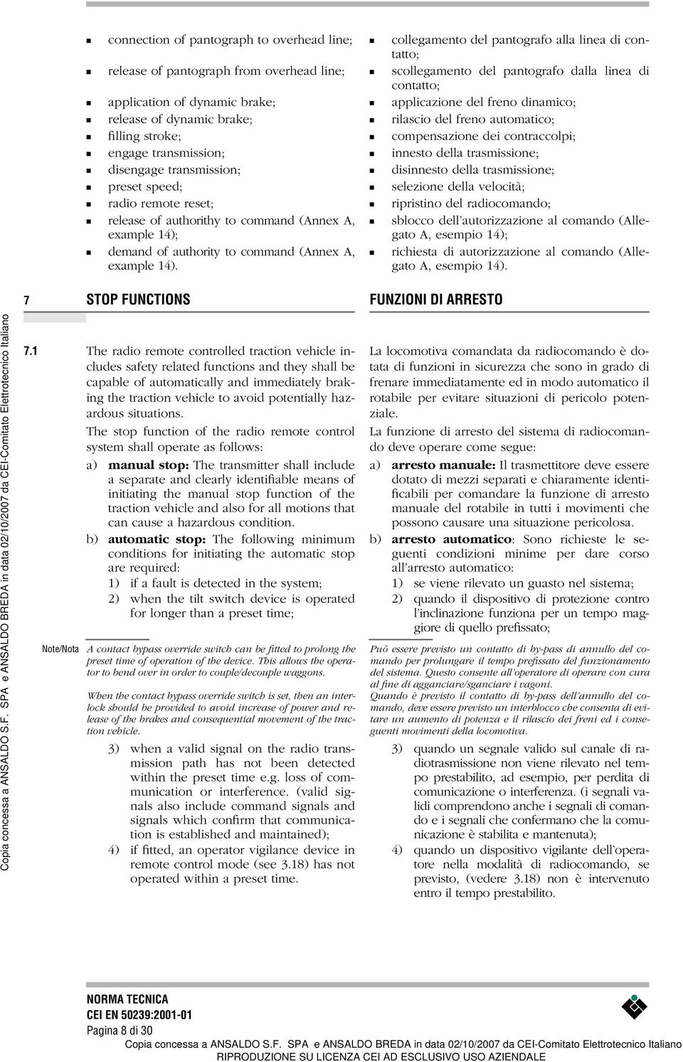 collegamento del pantografo alla linea di contatto; scollegamento del pantografo dalla linea di contatto; applicazione del freno dinamico; rilascio del freno automatico; compensazione dei