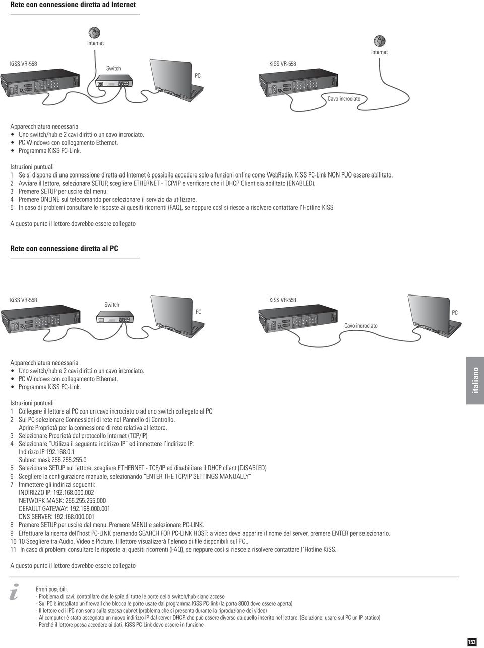 KiSS PC-Link NON PUÒ essere abilitato. 2 Avviare il lettore, selezionare SETUP, scegliere ETHERNET - TCP/IP e verificare che il DHCP Client sia abilitato (ENABLED).