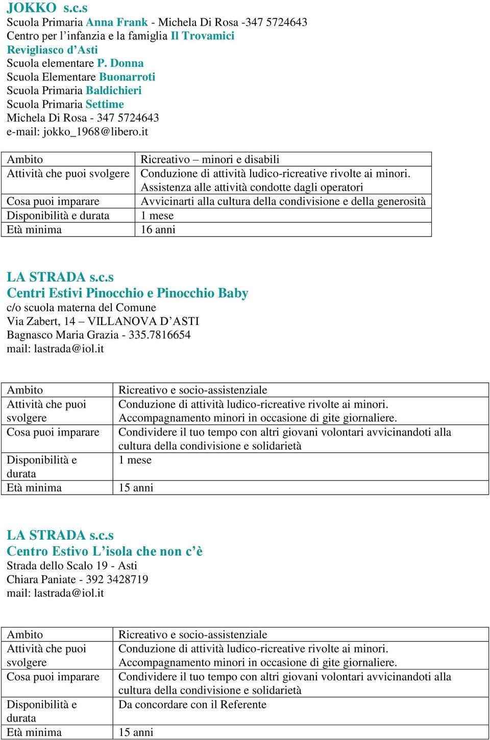 it Ricreativo minori e disabili Conduzione di attività ludico-ricreative rivolte ai minori.