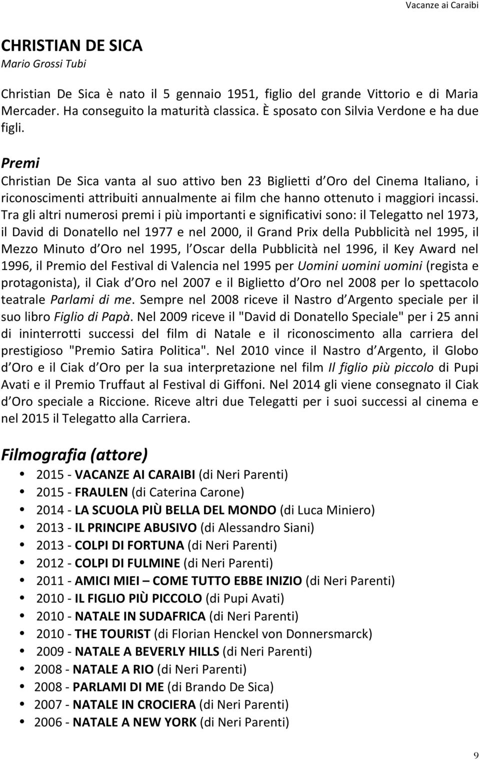 Premi Christian De Sica vanta al suo attivo ben 23 Biglietti d Oro del Cinema Italiano, i riconoscimenti attribuiti annualmente ai film che hanno ottenuto i maggiori incassi.