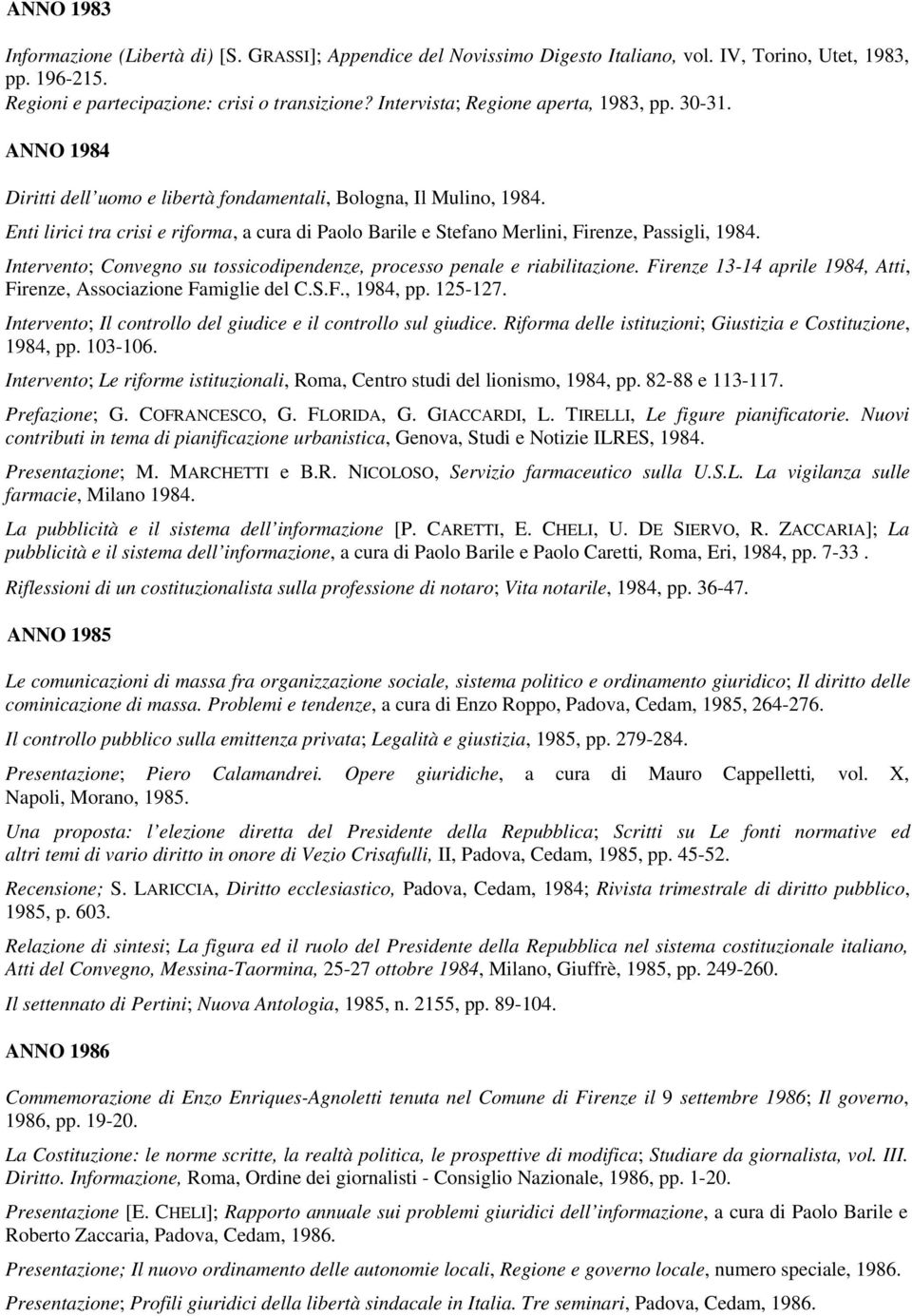 Enti lirici tra crisi e riforma, a cura di Paolo Barile e Stefano Merlini, Firenze, Passigli, 1984. Intervento; Convegno su tossicodipendenze, processo penale e riabilitazione.