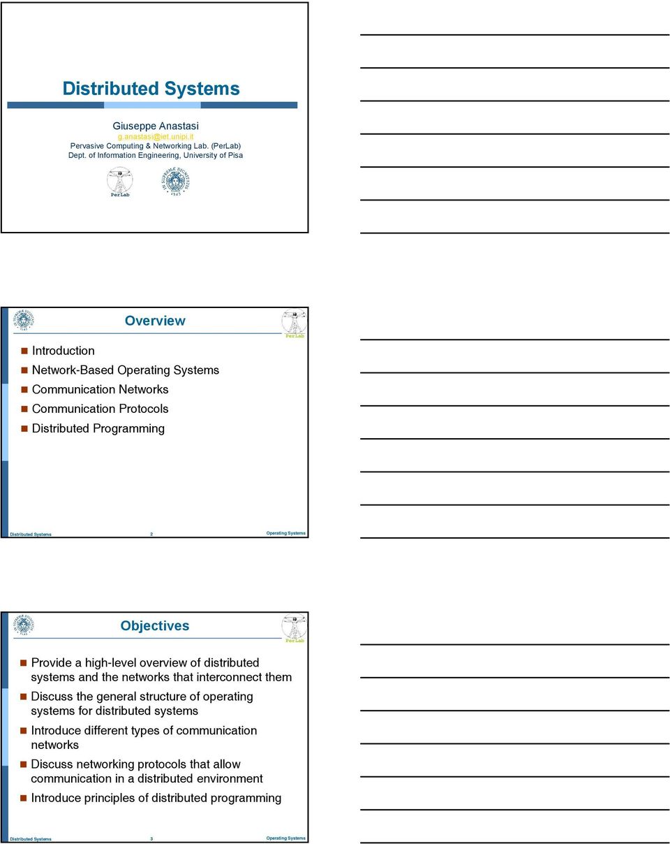 Programming 2 Operating Systems Objectives Provide a high-level overview of distributed systems and the networks that interconnect them Discuss the general structure