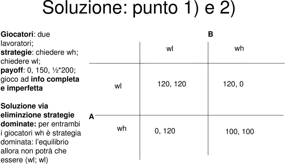 120, 0 Soluzione via eliminzione strategie dominate: per entrambi i giocatori wh è