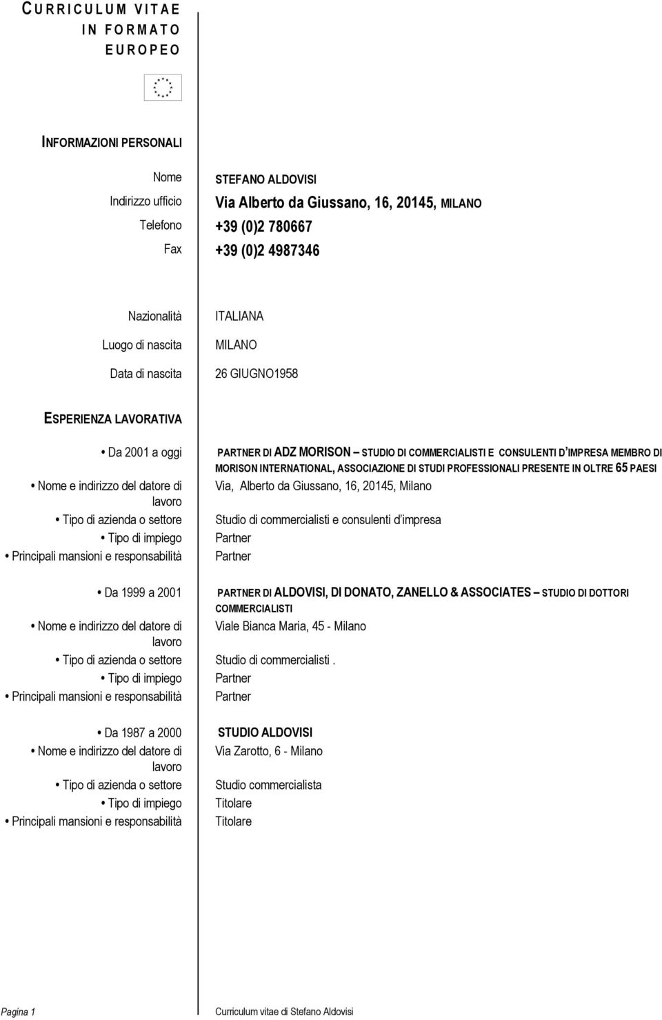 it Nazionalità Luogo di nascita Data di nascita ITALIANA MILANO 26 GIUGNO1958 ESPERIENZA LAVORATIVA Da 2001 a oggi Nome e indirizzo del datore di Tipo di azienda o settore Tipo di impiego Principali