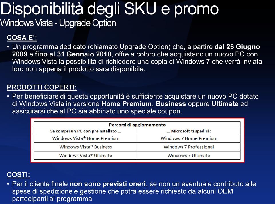 PRODOTTI COPERTI: Per beneficiare di questa opportunità è sufficiente acquistare un nuovo PC dotato di Windows Vista in versione Home Premium, Business oppure Ultimate ed assicurarsi che al PC