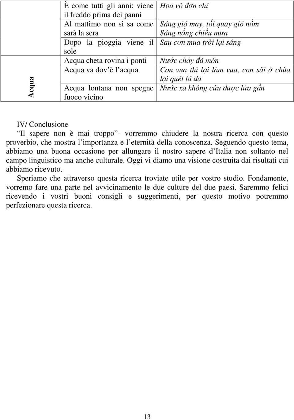 cứu được lửa gần IV/ Conclusione Il sapere non è mai troppo - vorremmo chiudere la nostra ricerca con questo proverbio, che mostra l importanza e l eternità della conoscenza.