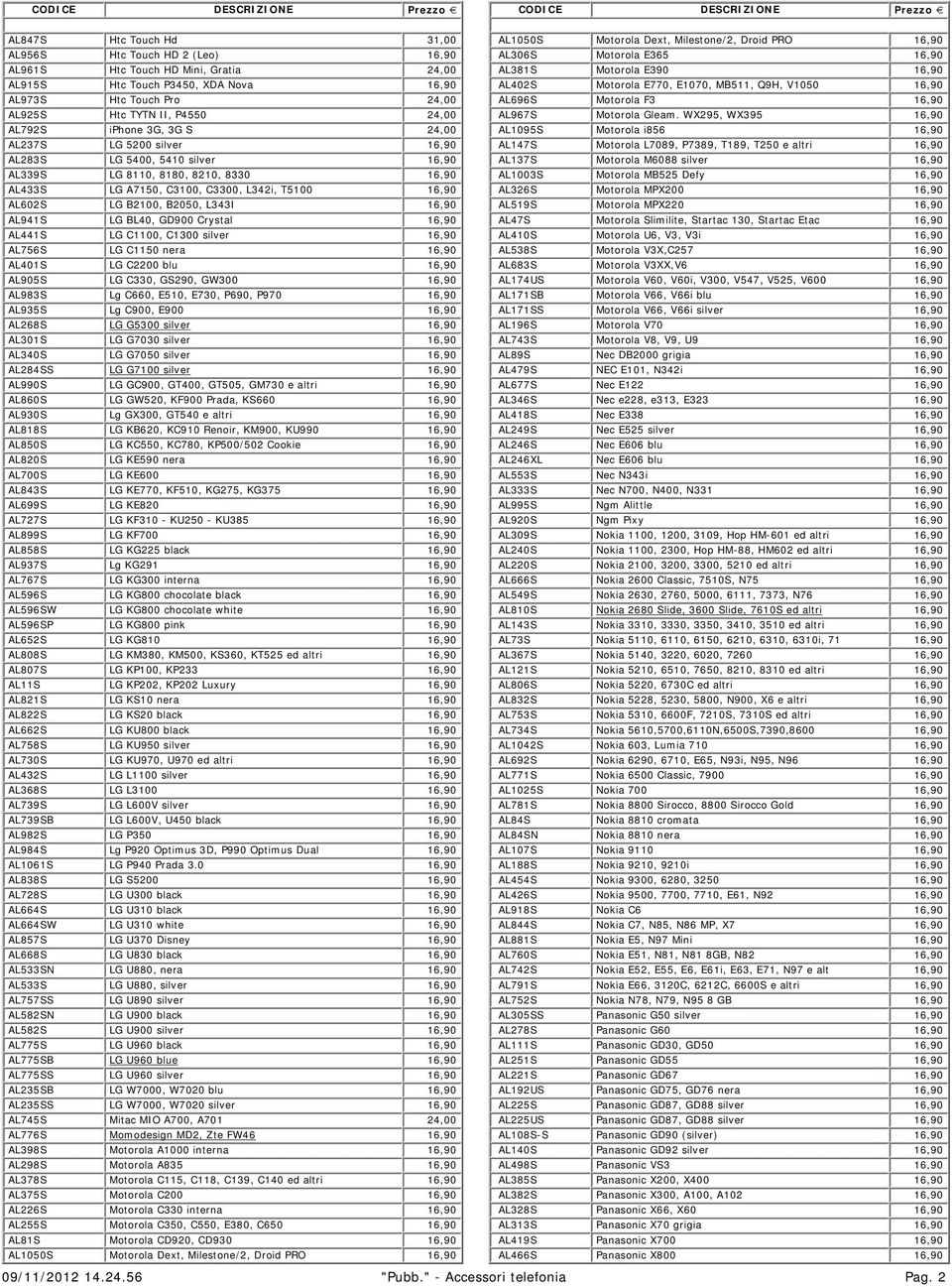 B2050, L343I 16,90 AL941S LG BL40, GD900 Crystal 16,90 AL441S LG C1100, C1300 silver 16,90 AL756S LG C1150 nera 16,90 AL401S LG C2200 blu 16,90 AL905S LG C330, GS290, GW300 16,90 AL983S Lg C660,