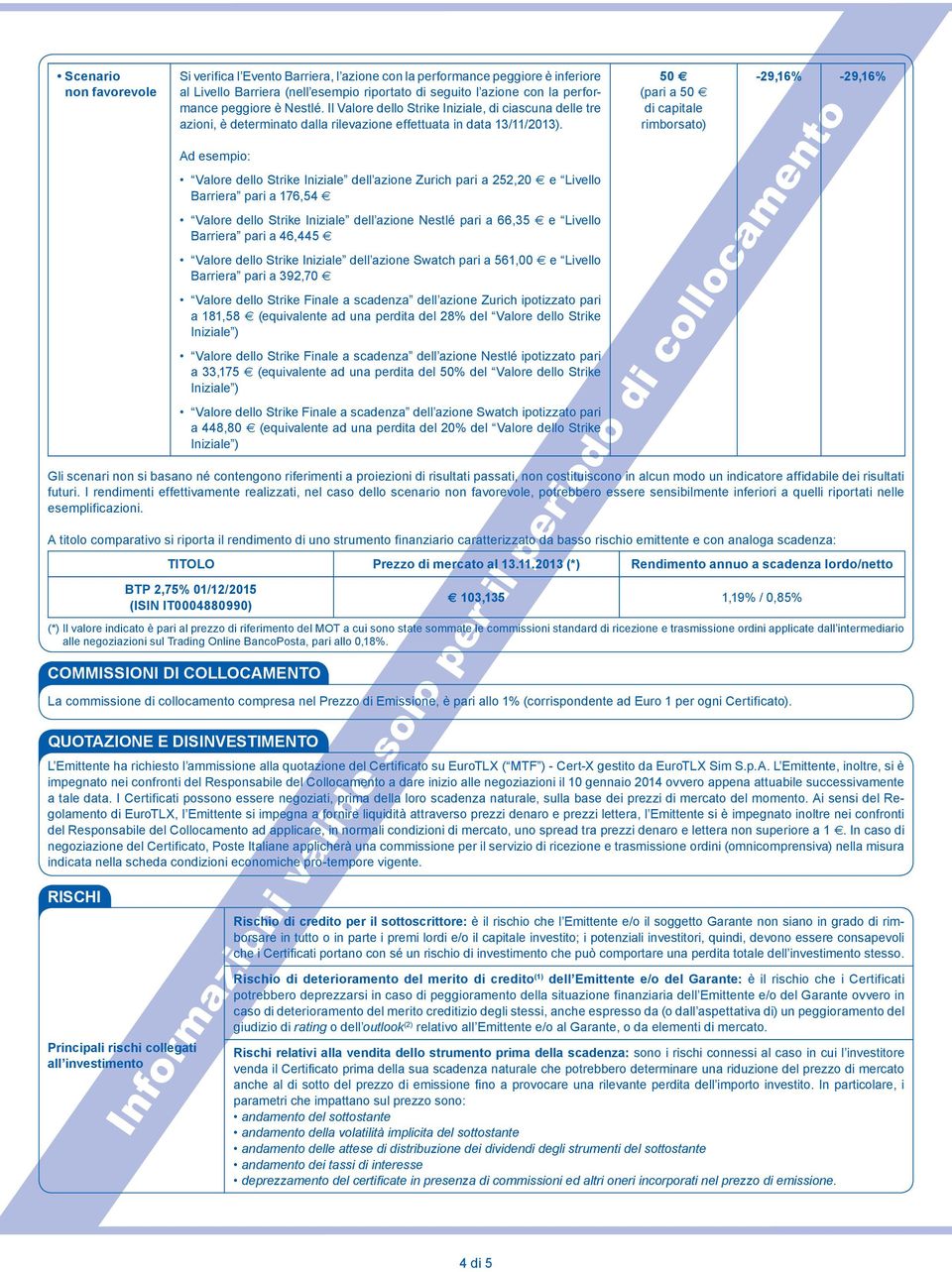 a 181,58 (equivalente ad una perdita del 28% del Valore dello Strike a 33,175 (equivalente ad una perdita del 50% del Valore dello Strike a 448,80 (equivalente ad una perdita del 20% del Valore dello