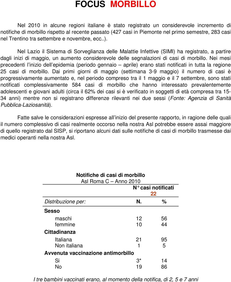 Nel Lazio il Sistema di Sorveglianza delle Malattie Infettive (SIMI) ha registrato, a partire dagli inizi di maggio, un aumento considerevole delle segnalazioni di casi di morbillo.
