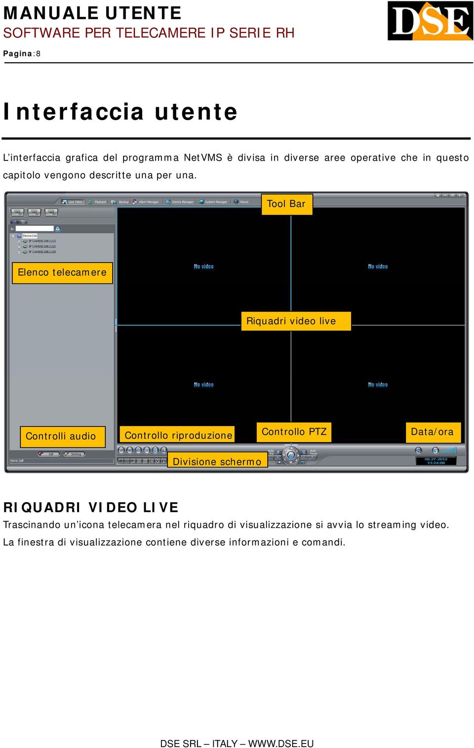 Tool Bar Elenco telecamere Riquadri video live Controlli audio Controllo riproduzione Controllo PTZ Data/ora