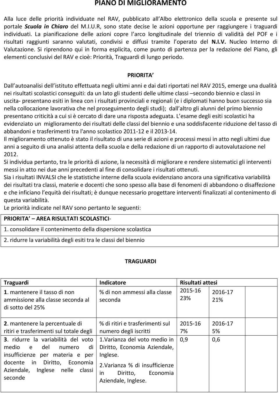 La pianificazione delle azioni copre l arco longitudinale del triennio di validità del POF e i risultati raggiunti saranno valutati, condivisi e diffusi tramite l operato del N.I.V.