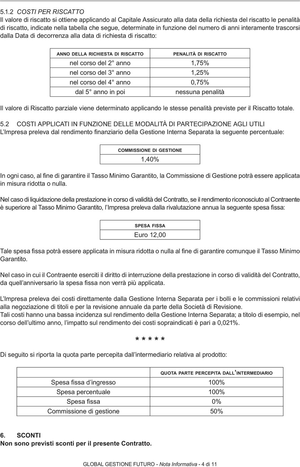 anno 1,75% nel corso del 3 anno 1,25% nel corso del 4 anno 0,75% dal 5 anno in poi nessuna penalità Il valore di Riscatto parziale viene determinato applicando le stesse penalità previste per il