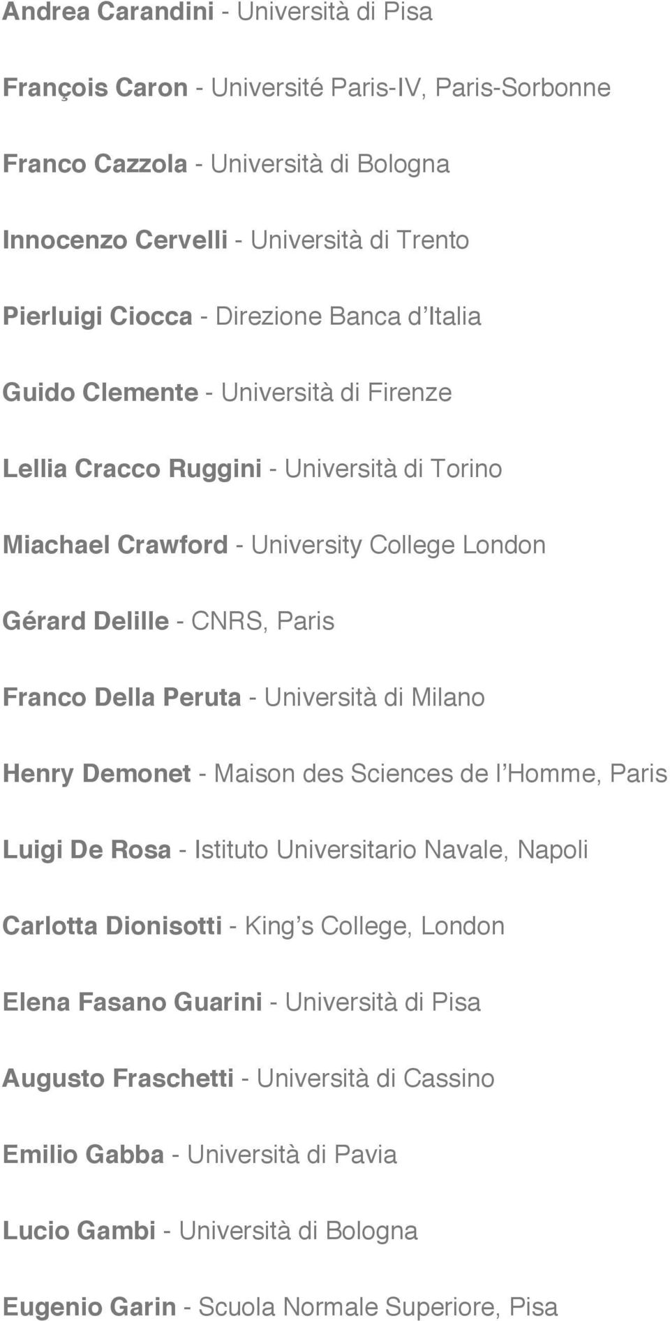 Della Peruta - Università di Milano Henry Demonet - Maison des Sciences de lʼhomme, Paris Luigi De Rosa - Istituto Universitario Navale, Napoli Carlotta Dionisotti - Kingʼs College, London