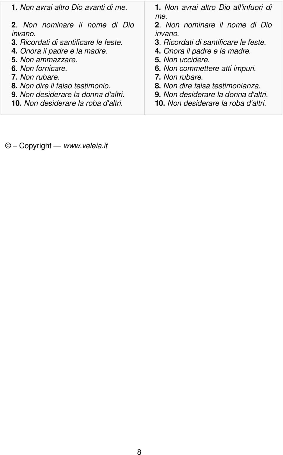 2. Non nominare il nome di Dio invano. 3. Ricordati di santificare le feste. 4. Onora il padre e la madre. 5. Non uccidere. 6. Non commettere atti impuri. 7.