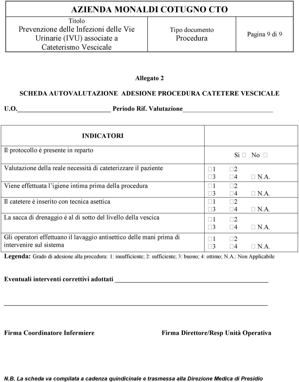 catetere è inserito con tecnica asettica 1 2 La sacca di drenaggio è al di sotto del livello della vescica 1 2 Gli operatori effettuano il lavaggio antisettico delle mani prima di intervenire sul