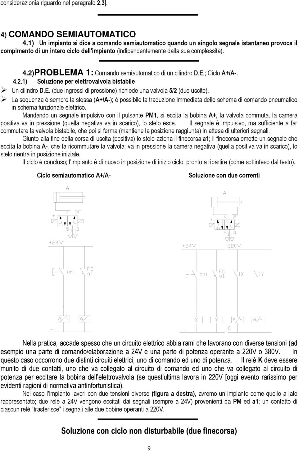 2)PROBLEMA 1: Comando semiautomatico di un cilindro D.E.; Ciclo A+/A-. 4.2.1) Soluzione per elettrovalvola bistabile Un cilindro D.E. (due ingressi di pressione) richiede una valvola 5/2 (due uscite).