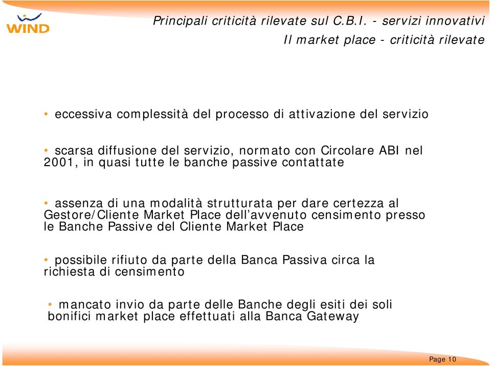 normato con Circolare ABI nel 2001, in quasi tutte le banche passive contattate assenza di una modalità strutturata per dare certezza al Gestore/Cliente