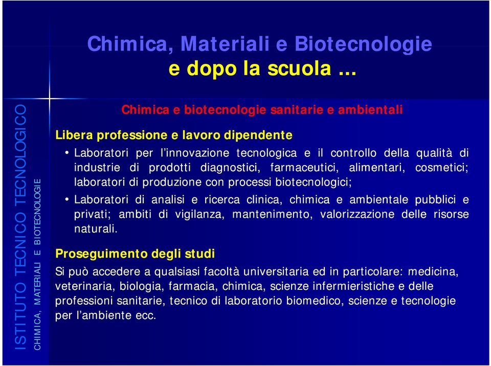 tecnologica e il controllo della qualità di industrie di prodotti diagnostici, farmaceutici, alimentari, cosmetici; laboratori di produzione con processi biotecnologici; Laboratori di analisi e