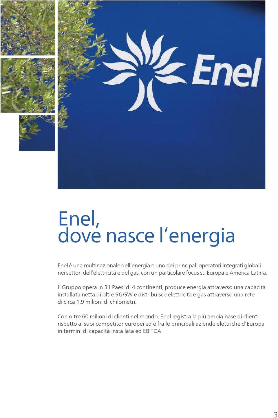 il Gruppo opera in 31 Paesi di 4 continenti, produce energia attraverso una capacità installata netta di oltre 96 GW e distribuisce elettricità e gas